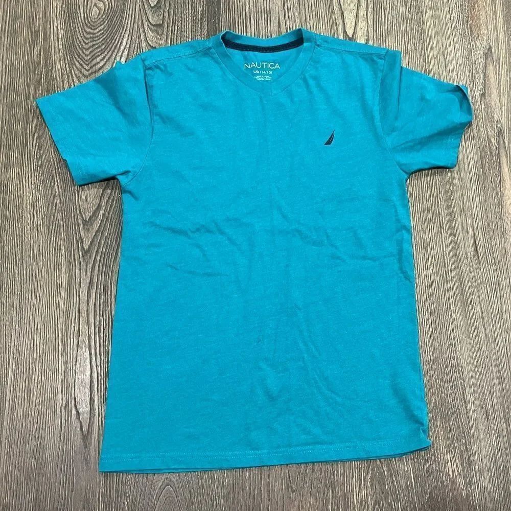 Nautica Youth Boys T-Shirt Short Sleeve V-Neck Embroidred Logo Pullover Blue L